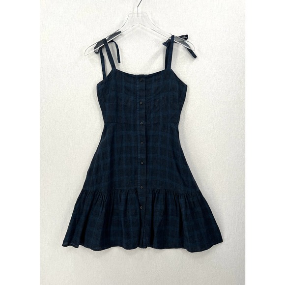 CREATURES OF COMFORT Dress Womens 0 Blue Plaid Linen Button Front Tie Shoulder - Picture 9 of 16